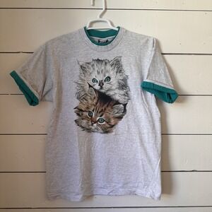Vtg 1992 Cat T-Shirt Cotton Double Layer Roll Sleeve Whimsy Novelty XL Granny